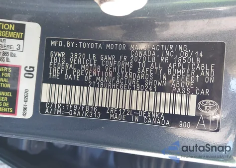 2014 Toyota Corolla Le from USA, damaged, VIN 2T1BURHE6EC190241